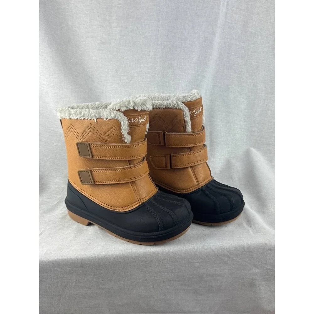 Cat & Jack Kids Tan Black Faux Fur Lined Winter Duck Boots‎ Size 12